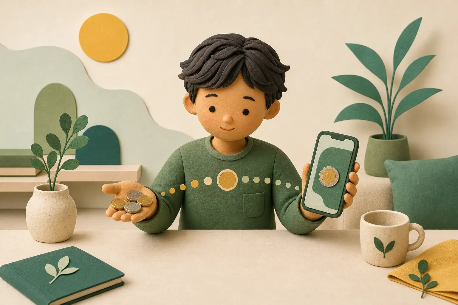 A child compares coins in one hand with a digital pocket money overview on a smartphone.