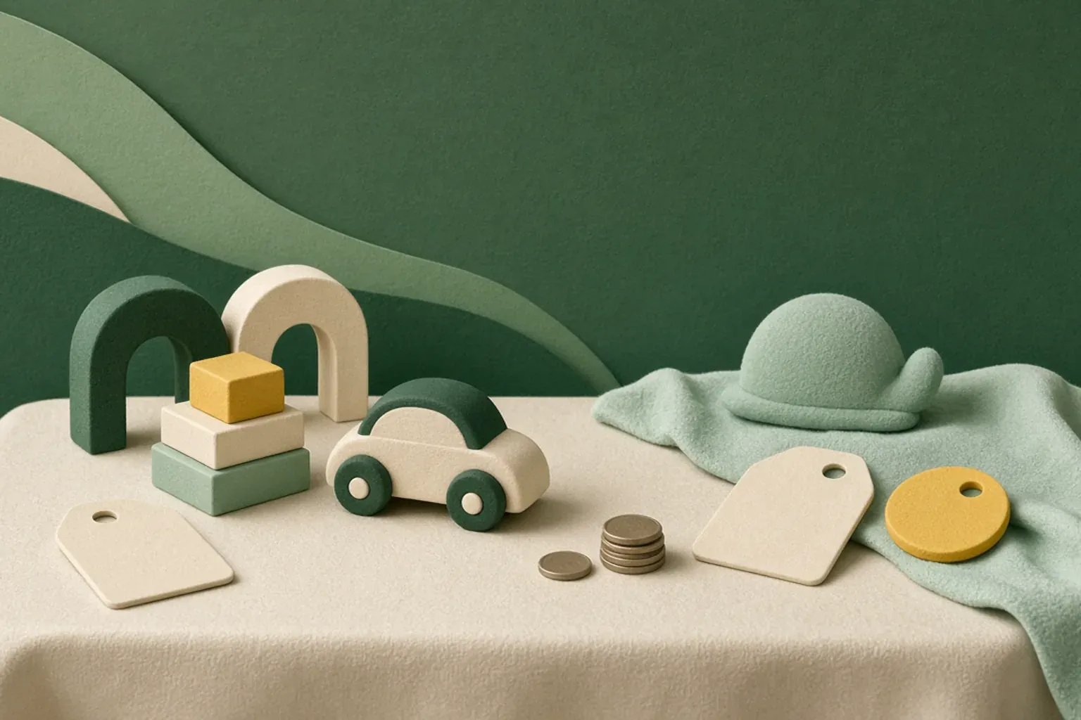 A flea-market table still life with toys, price tags and coins on a warm cream background.