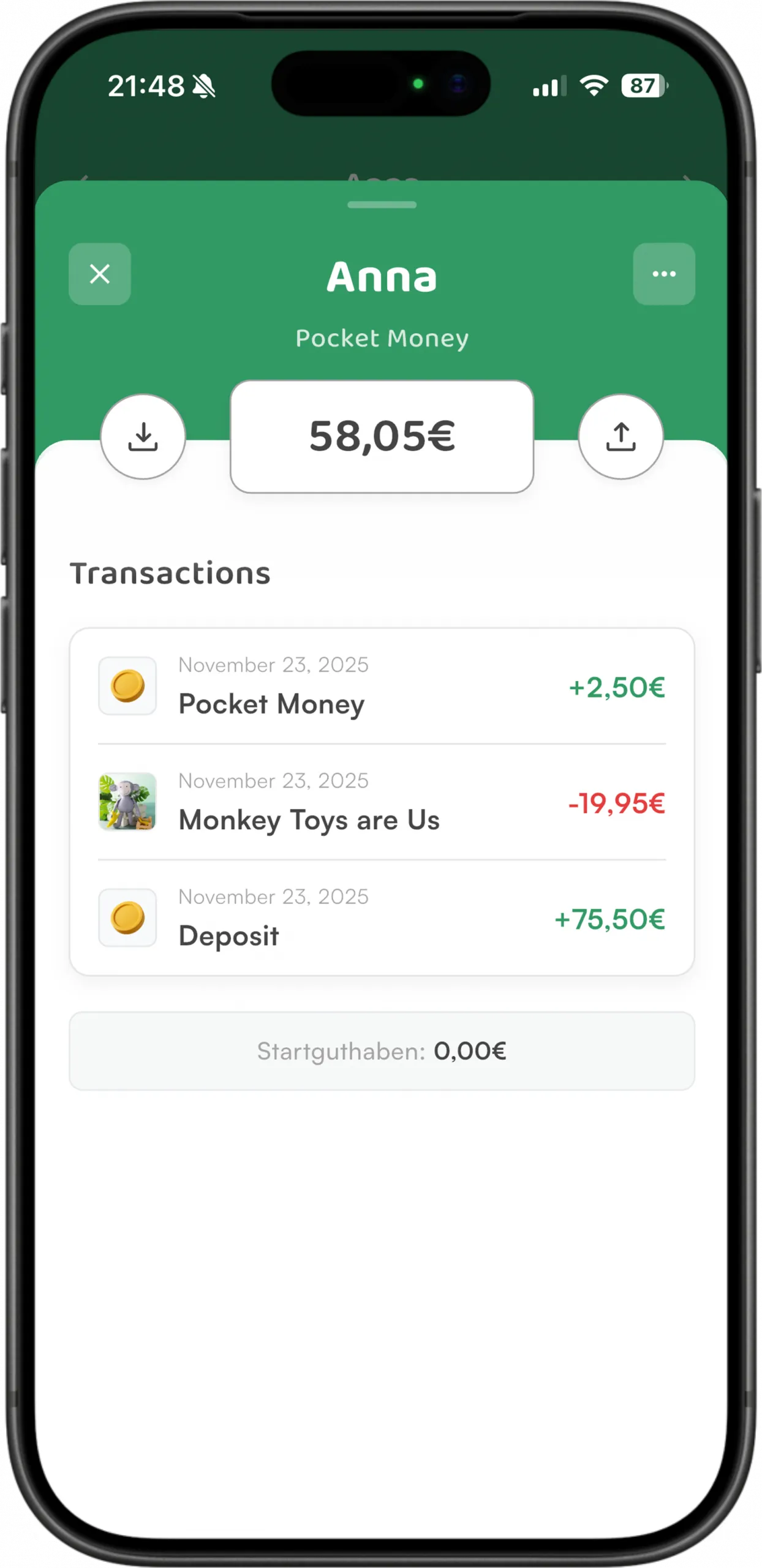 A Tallo screen shows a pocket money transaction and the current virtual balance.