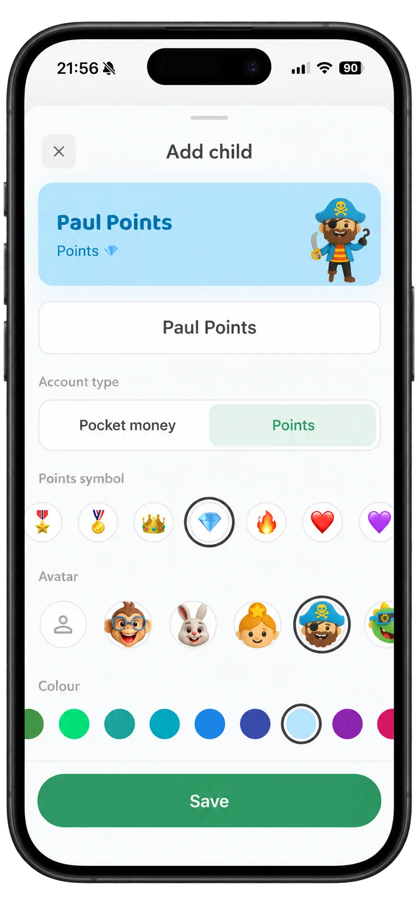 Tallo on an iPhone: Paul Points child profile with Points selected as the account type and a diamond points symbol