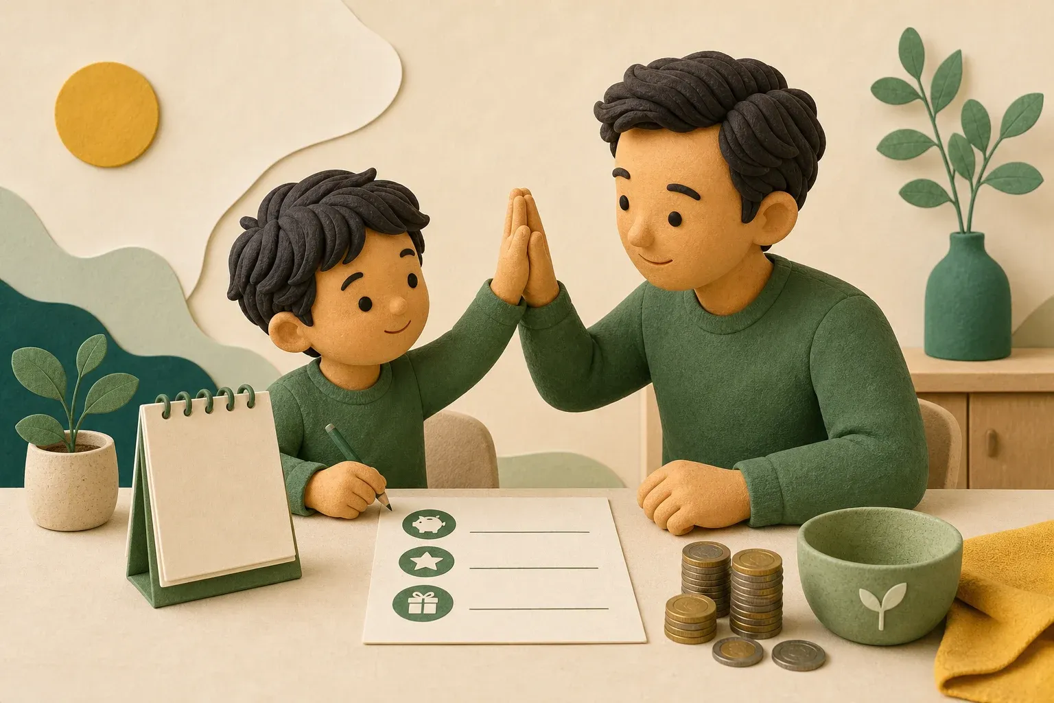 A parent and child agree on a pocket money routine and seal it with a high five.